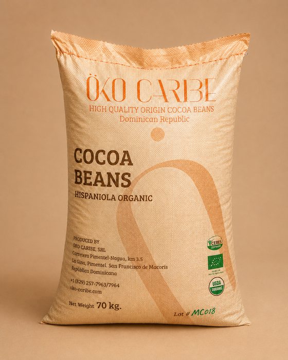 Saco de 70 kg de granos de cacao orgánico de Öko Caribe, limpiados por máquina